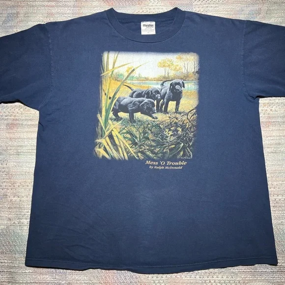 Mens vintage 90s y2k navy blue dogs puppies tee shirt screen print nature vtg - Picture 4 of 4